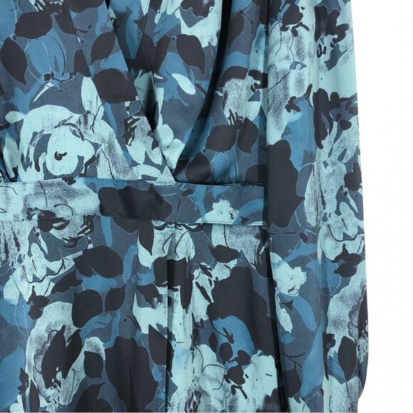 Equipment Floral Wrap Effect Dress V Neck Long Bishop Sleeves Size 10 Green Blue - Picture 6 of 16